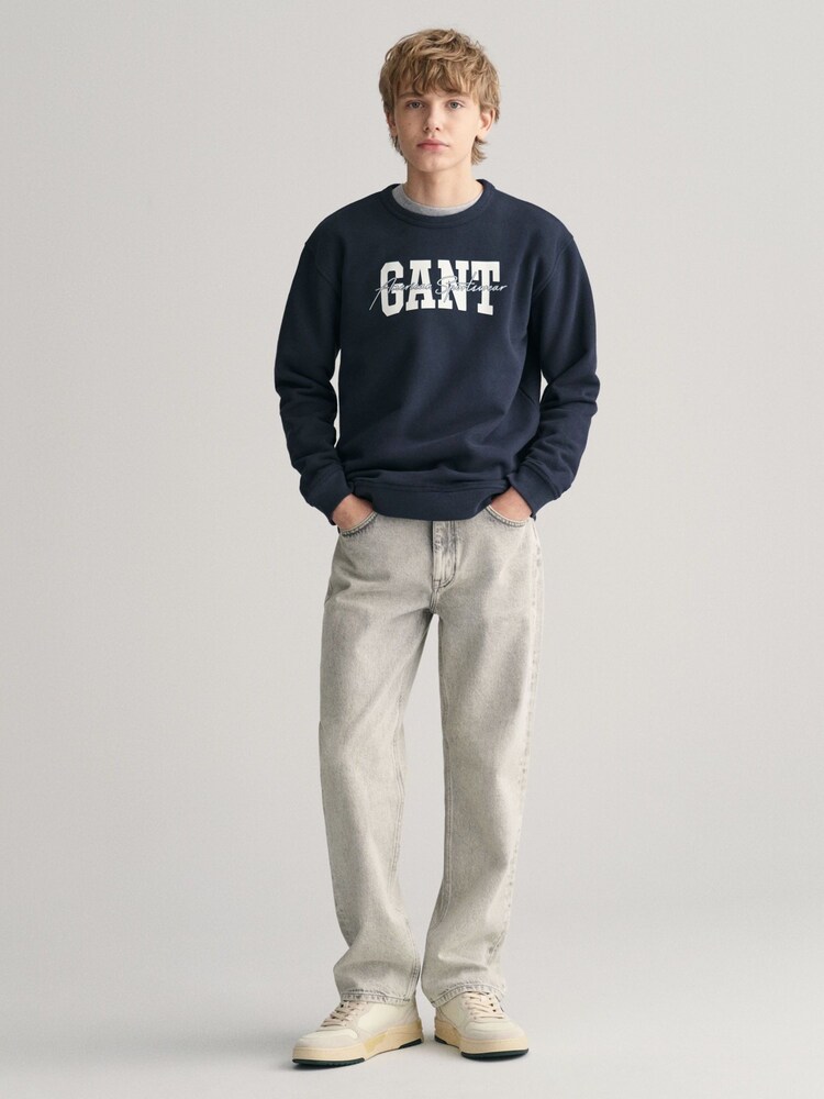GANT Blue Teens Arch Script Crew Neck 100% Cotton Sweatshirt - Image 4 of 4