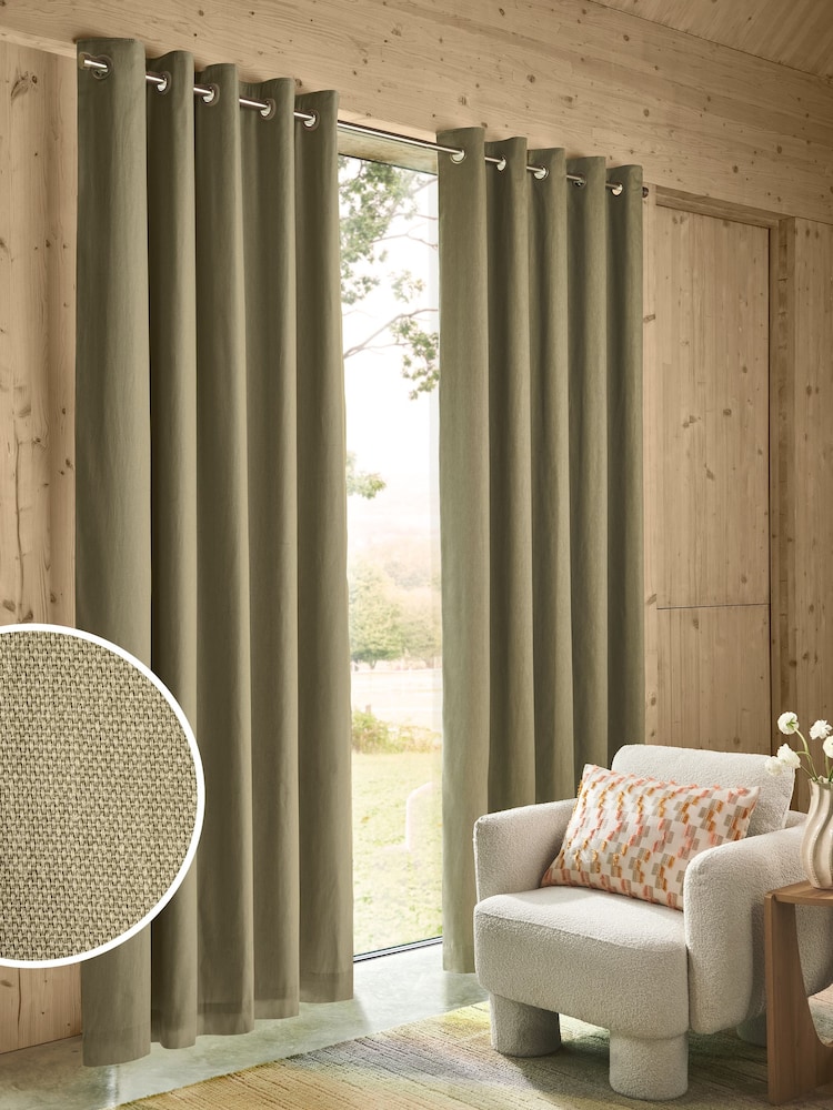 Green Khaki Blackout/Thermal Cotton Eyelet Curtains - Image 1 of 9