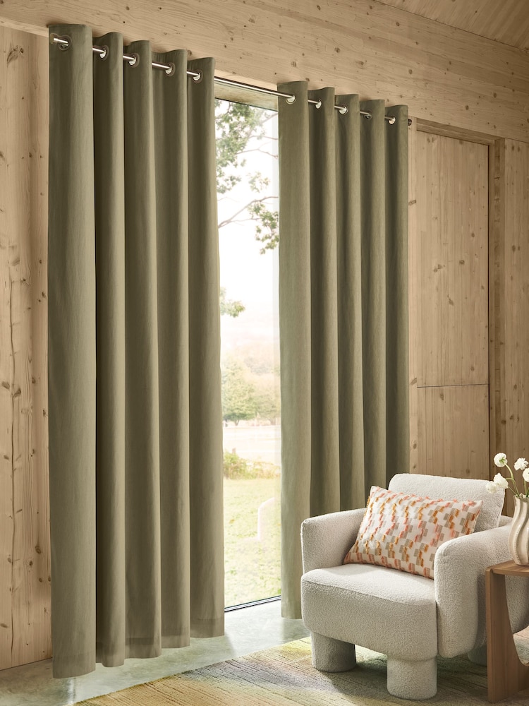 Green Khaki Blackout/Thermal Cotton Eyelet Curtains - Image 2 of 8