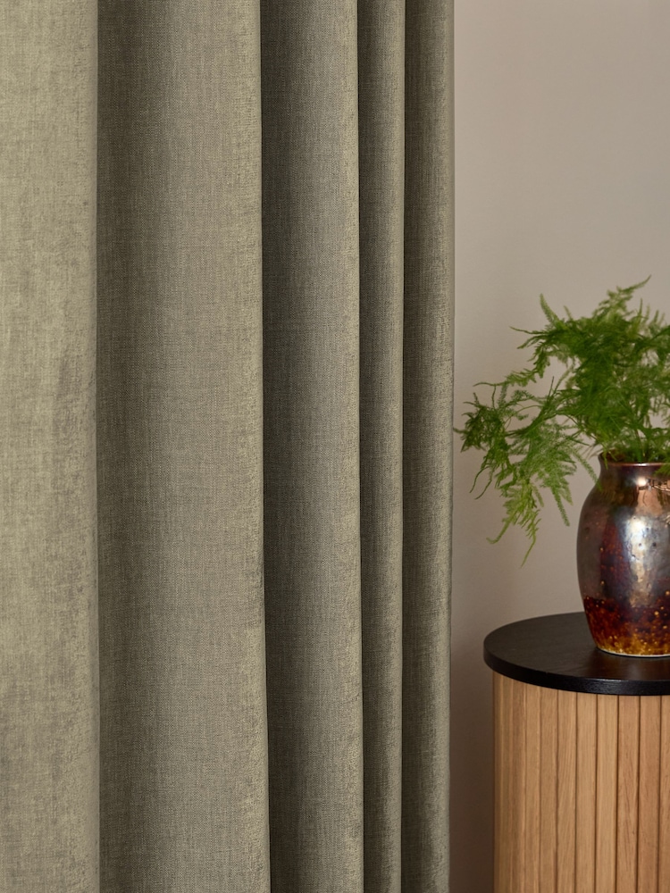 Khaki Green Matte Chenille Blackout/Thermal Eyelet Curtains - Image 4 of 6