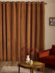 Dark Ochre Soft Touch Chenille Lined Eyelet Curtains - Image 3 of 6