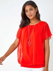Roman Orange Chiffon Jersey Blouson Top with Necklace - Image 1 of 5