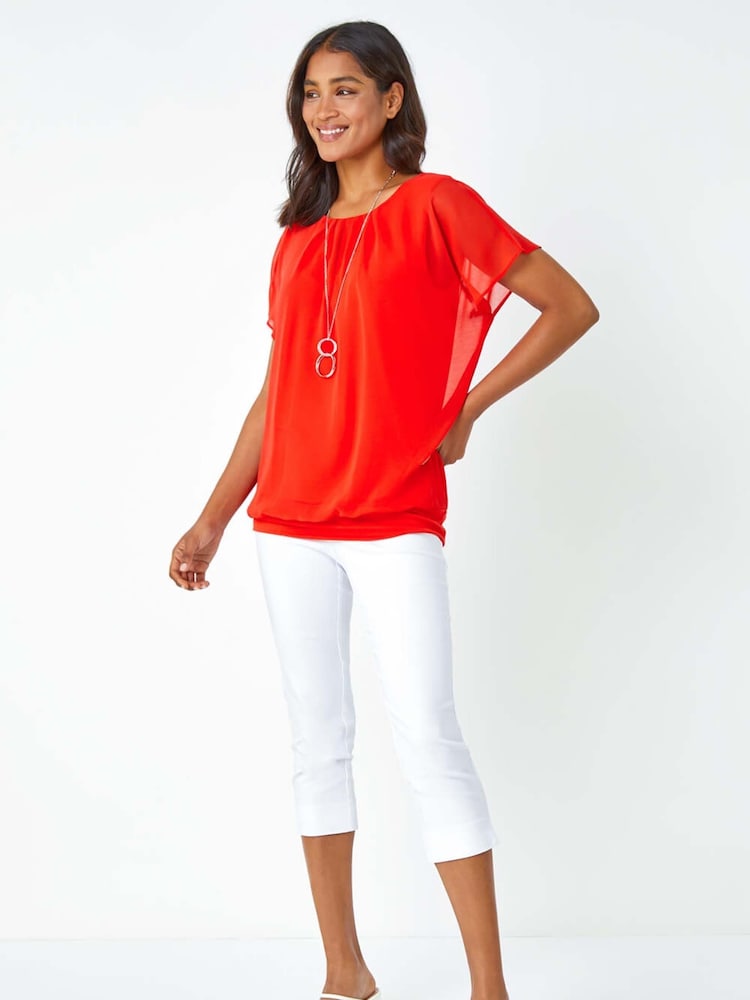 Roman Orange Chiffon Jersey Blouson Top with Necklace - Image 2 of 5