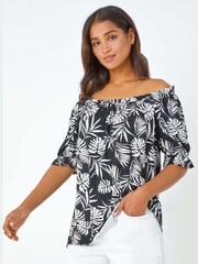 Roman Black Shirred Bardot Palm Print Top - Image 1 of 5