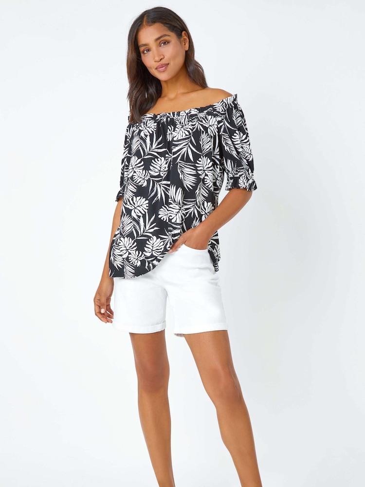 Roman Black Shirred Bardot Palm Print Top - Image 2 of 5