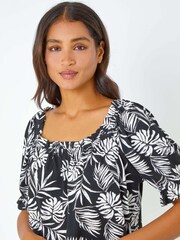 Roman Black Shirred Bardot Palm Print Top - Image 4 of 5