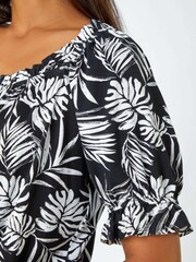 Roman Black Shirred Bardot Palm Print Top - Image 5 of 5