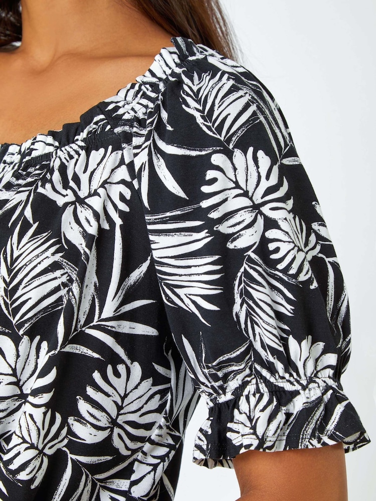 Roman Black Shirred Bardot Palm Print Top - Image 5 of 5