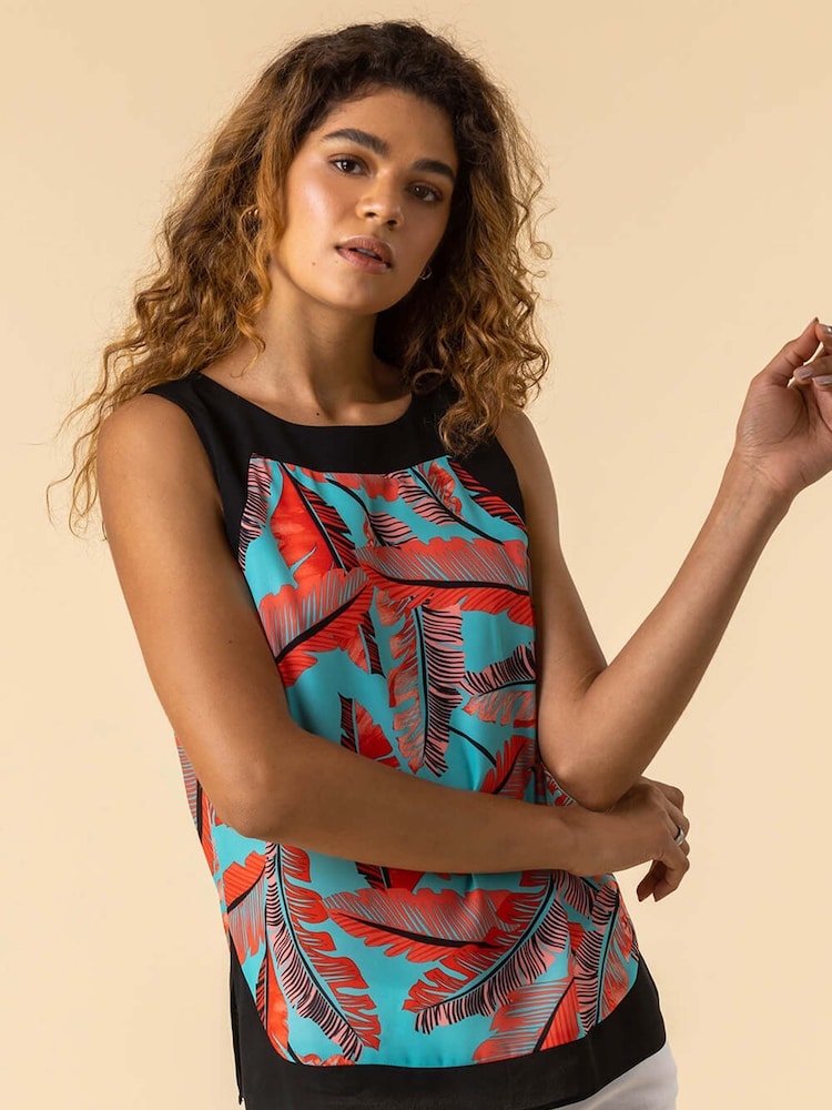 Roman Orange Contrast Trim Leaf Print Top - Image 1 of 5