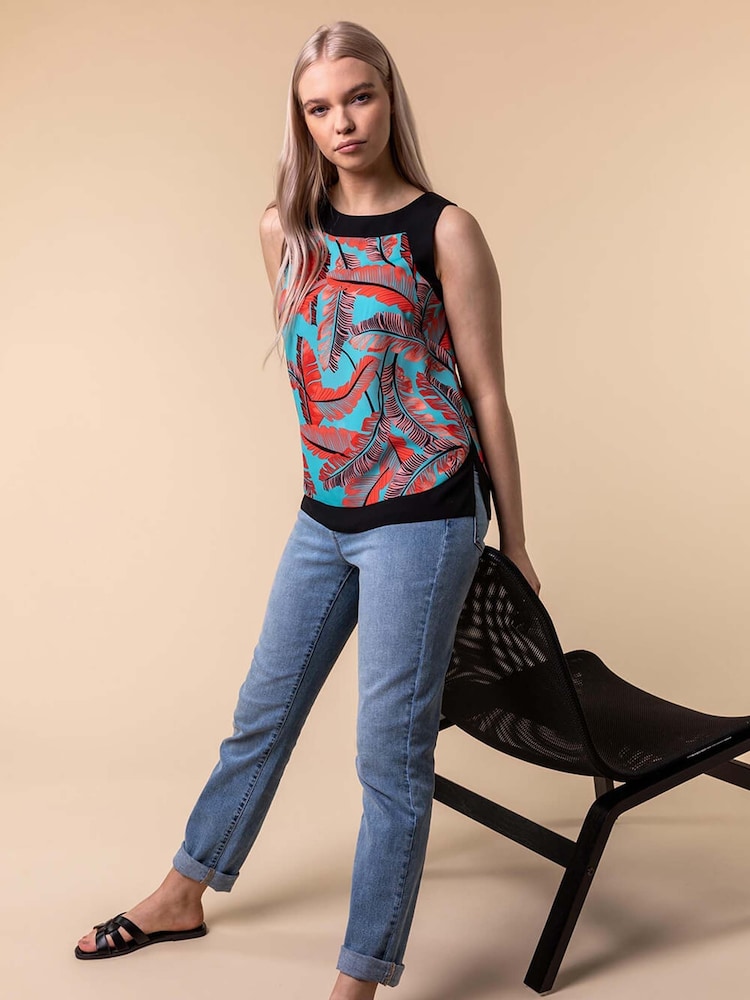 Roman Orange Contrast Trim Leaf Print Top - Image 5 of 5