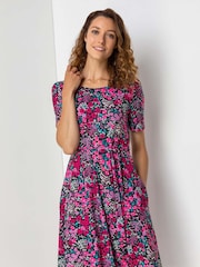 Roman Pink Floral Print Belted Skater Dress - Image 1 of 5