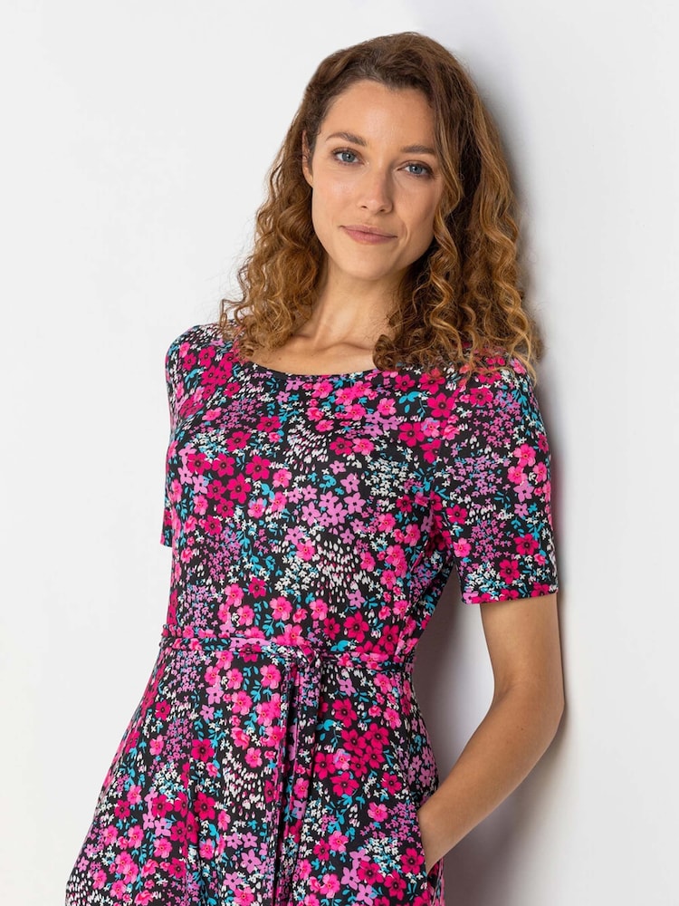 Roman Pink Floral Print Belted Skater Dress - Image 5 of 5