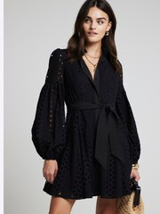 River Island Black Belted Puff Broidery 100% Cotton Dress - Image 2 of 6