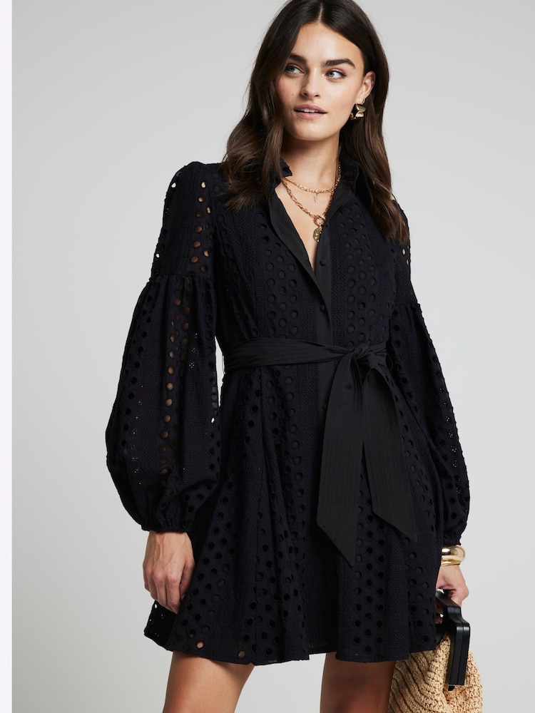 River Island Black Belted Puff Broidery 100% Cotton Dress - Image 2 of 6