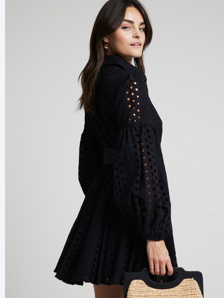 River Island Black Belted Puff Broidery 100% Cotton Dress - Image 3 of 6