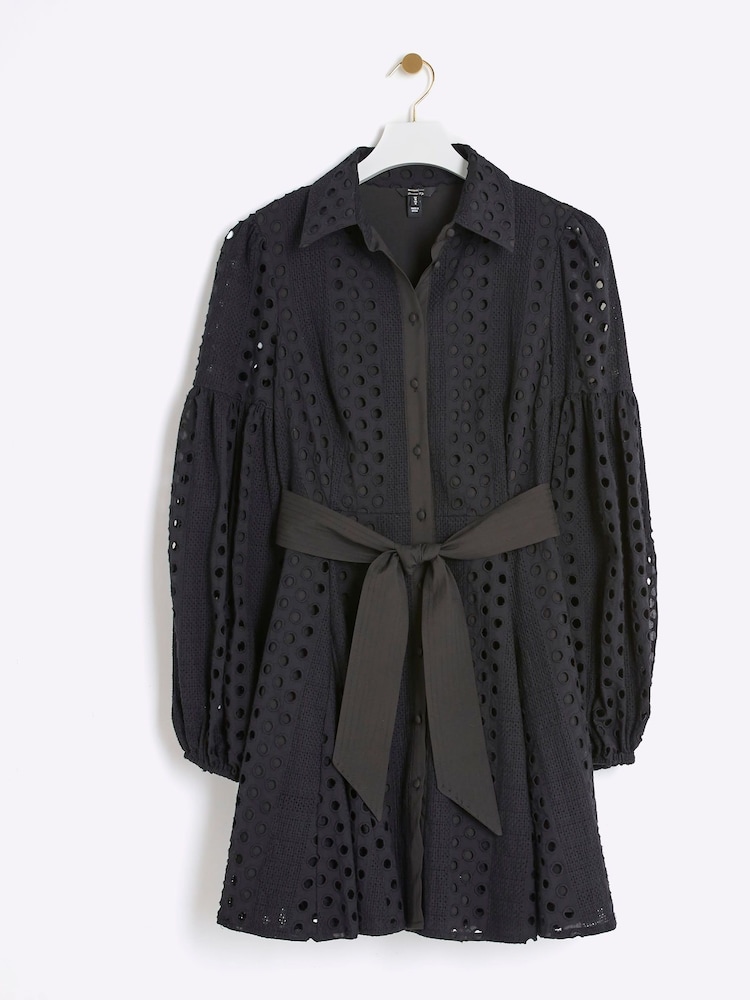 River Island Black Belted Puff Broidery 100% Cotton Dress - Image 5 of 6