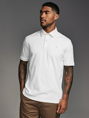 White Geo Flocked 100% Cotton Short Sleeve Smart Collar Polo Shirt - Image 1 of 8