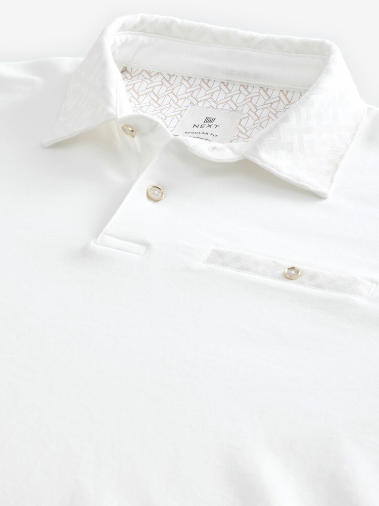 White Geo Flocked 100% Cotton Short Sleeve Smart Collar Polo Shirt - Image 8 of 8