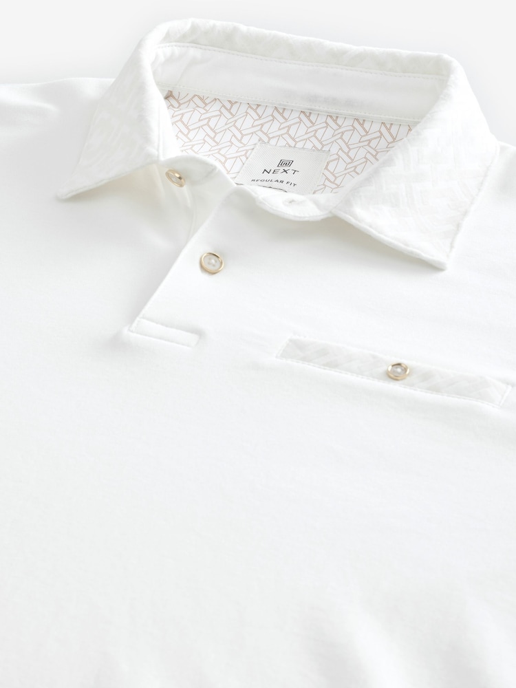 White Geo Flocked 100% Cotton Short Sleeve Smart Collar Polo Shirt - Image 8 of 8 White Geo Flocked 100% Cotton Short Sleeve Smart Collar Polo Shirt - Image 8 of 8
