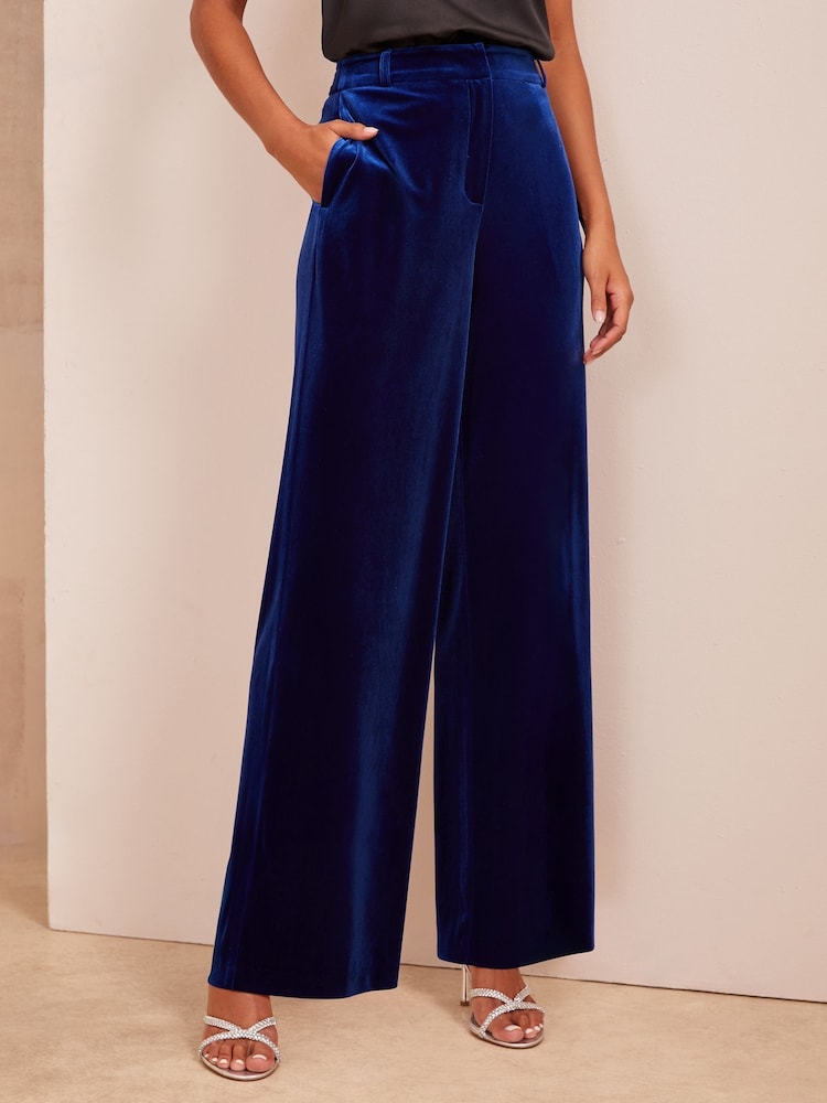 Friends Like These Blue Velvet Tailored Wide Leg Trousers Co Ord Suit - Image 1 of 4