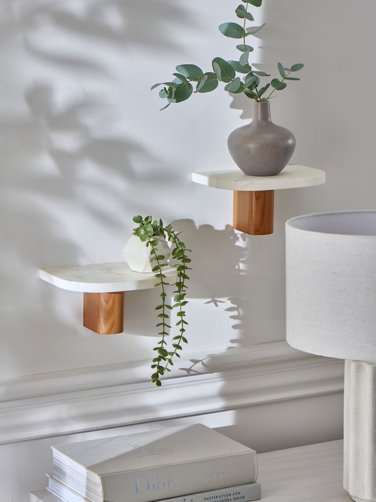 Set of 2 White Marble Effect Shelves - Image 1 of 4 Set of 2 White Marble Effect Shelves - Image 1 of 4