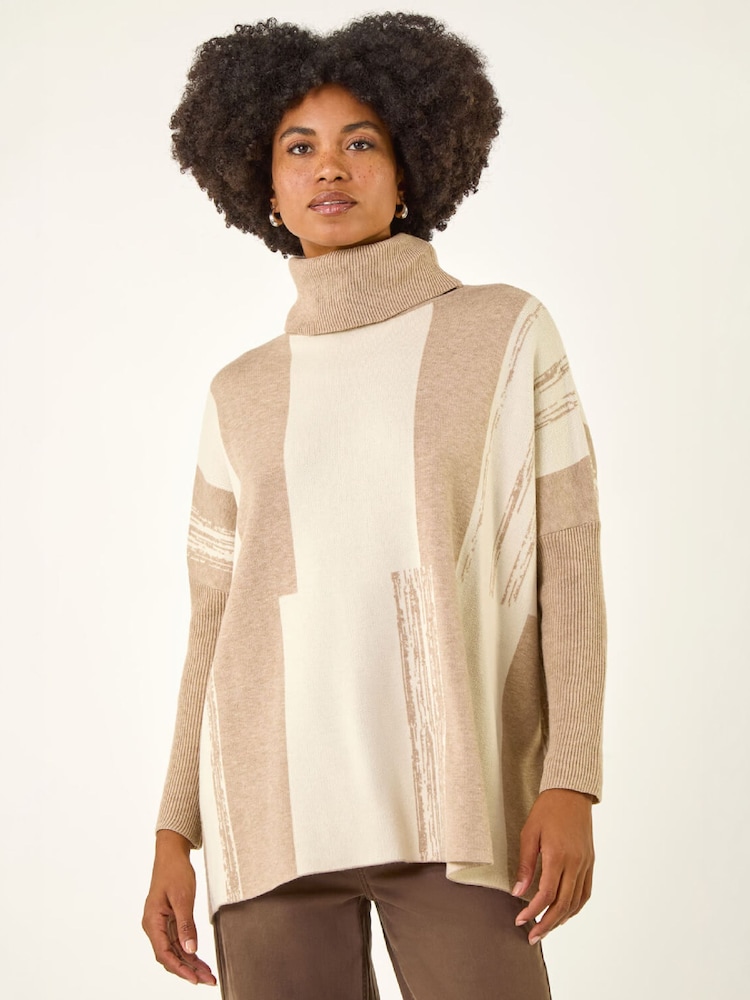 Roman Brown Colour Block Longline Knit Jumper - Image 1 of 4 Roman Brown Colour Block Longline Knit Jumper - Image 1 of 4