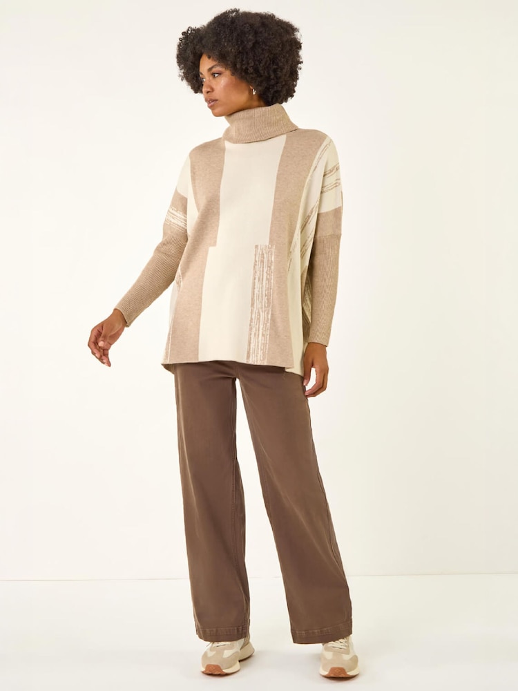 Roman Brown Colour Block Longline Knit Jumper - Image 2 of 4 Roman Brown Colour Block Longline Knit Jumper - Image 2 of 4