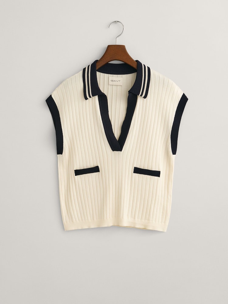 GANT Cream Ribbed Knit Sleeveless Polo Sweater - Image 2 of 4