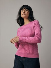 GANT Pink Stretch Cotton Cable Knit Crew Neck Sweater - Image 1 of 5