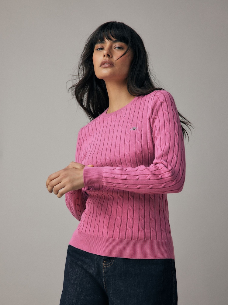 GANT Pink Stretch Cotton Cable Knit Crew Neck Sweater - Image 1 of 5