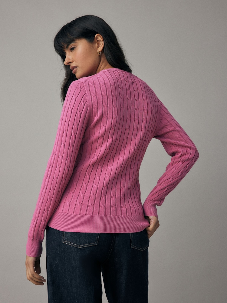GANT Pink Stretch Cotton Cable Knit Crew Neck Sweater - Image 2 of 5