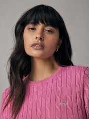 GANT Pink Stretch Cotton Cable Knit Crew Neck Sweater - Image 3 of 5