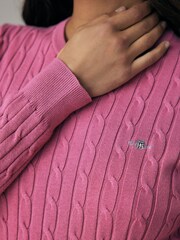 GANT Pink Stretch Cotton Cable Knit Crew Neck Sweater - Image 4 of 5
