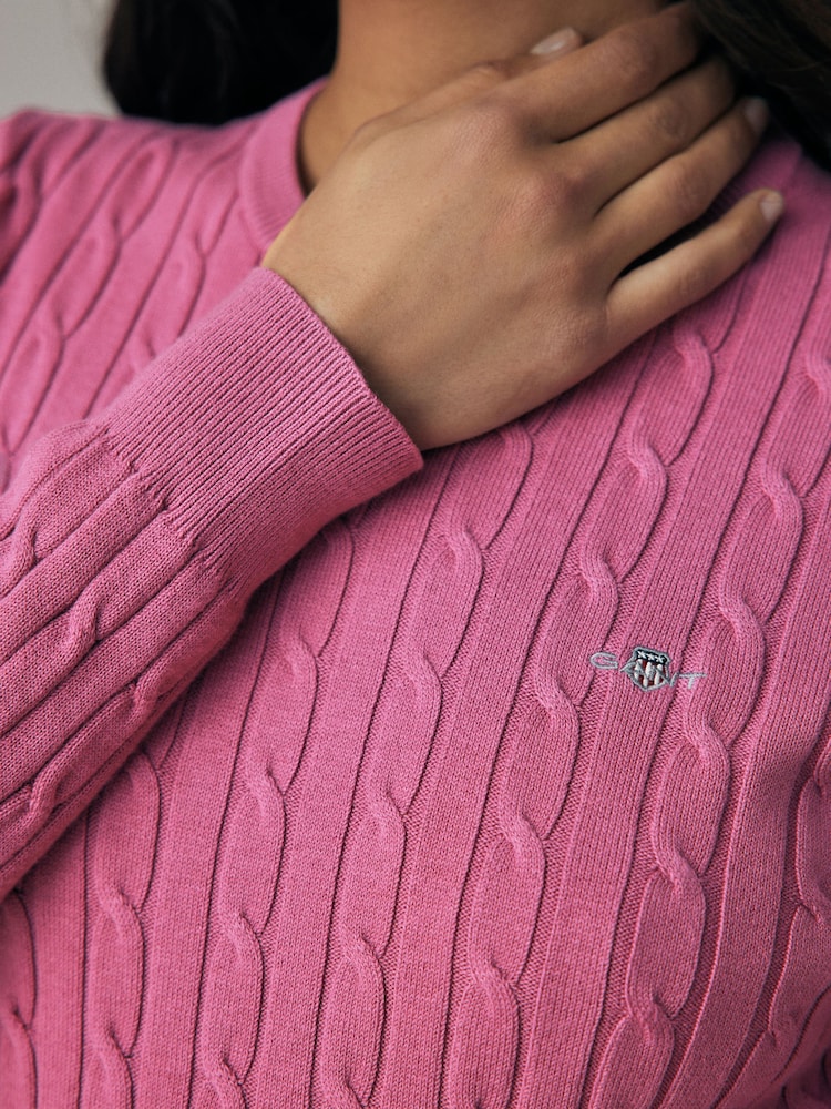 GANT Pink Stretch Cotton Cable Knit Crew Neck Sweater Laura Ashley