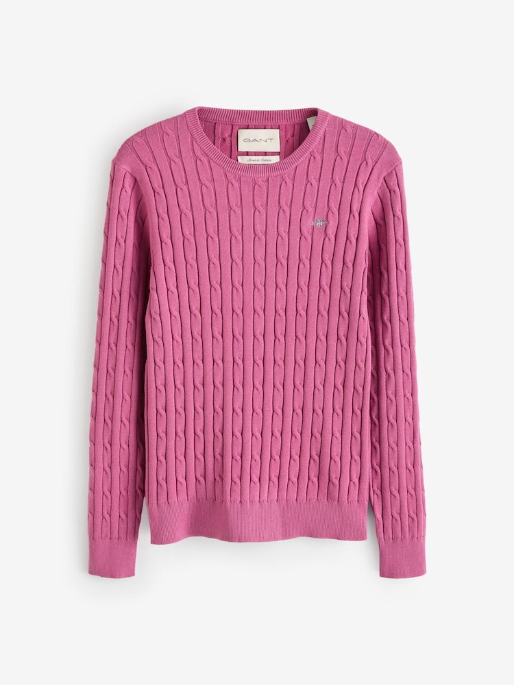 GANT Pink Stretch Cotton Cable Knit Crew Neck Sweater - Image 5 of 5