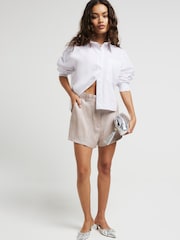 River Island Brown Petite Beige Metallic Smart Shorts - Image 1 of 4