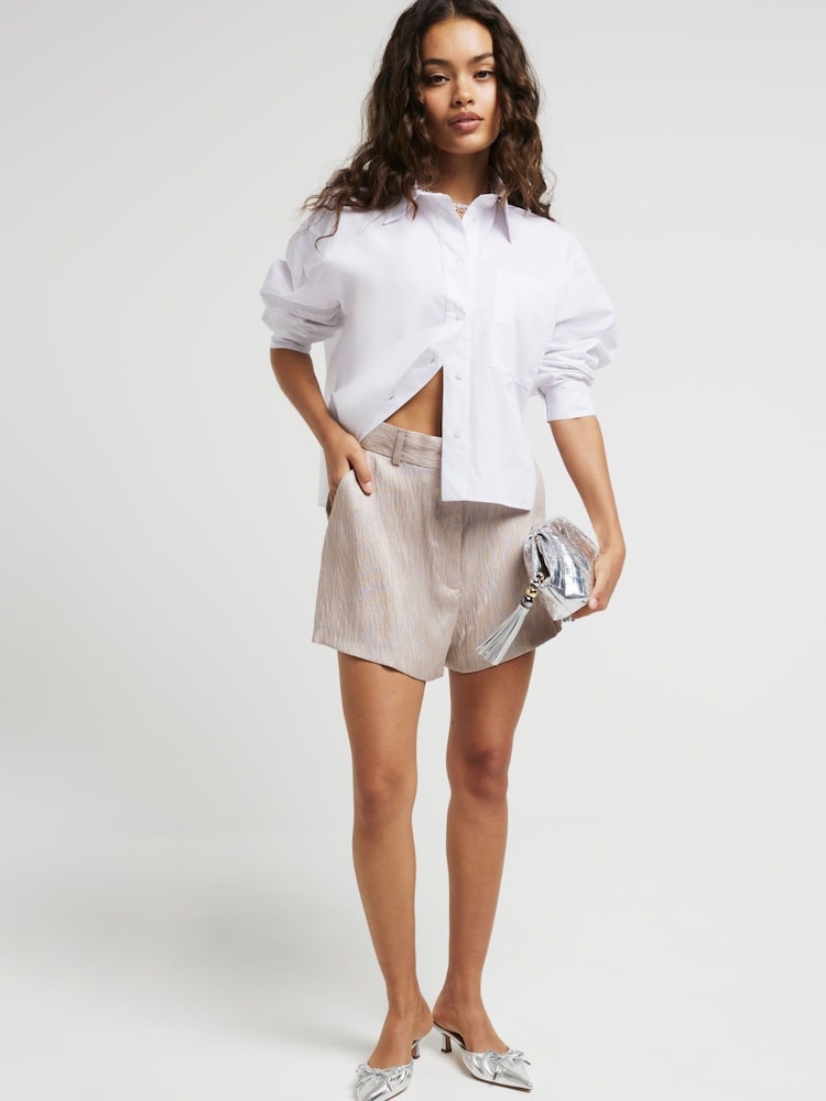 River Island Brown Petite Beige Metallic Smart Shorts - Image 1 of 4