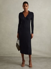 Reiss Navy Winnie Knitted Open-Collar Midi Dress - Image 1 of 5