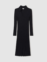 Reiss Navy Winnie Knitted Open-Collar Midi Dress - Image 2 of 5