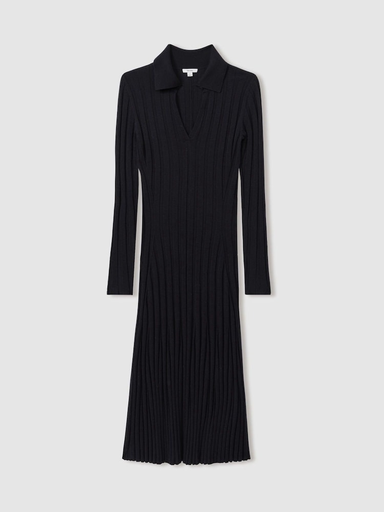 Reiss Navy Winnie Knitted Open-Collar Midi Dress - Image 2 of 5
