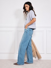 River Island Mid Blue High Waisted Relaxed Straight 100% Cotton Jeans - Image 1 of 7