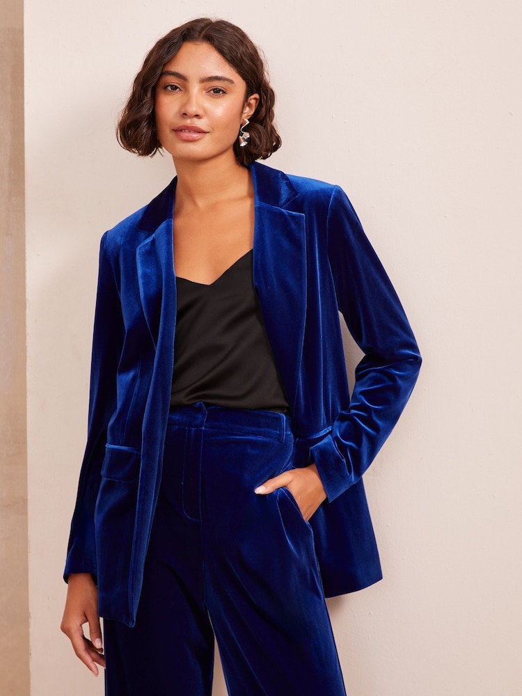 Friends Like These Blue Petite Long Sleeve Velvet Tailored Single Breasted Co Ord Suit - Image 1 of 4 Friends Like These Blue Petite Long Sleeve Velvet Tailored Single Breasted Co Ord Suit - Image 1 of 4