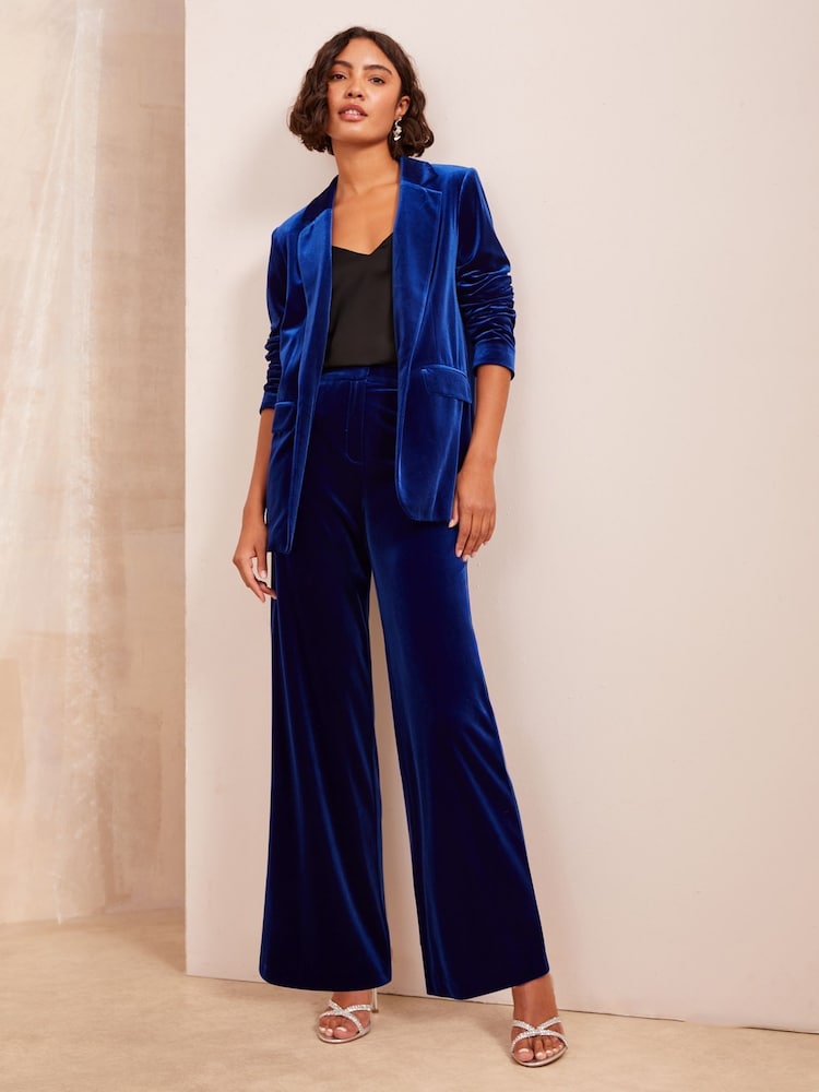 Friends Like These Blue Petite Long Sleeve Velvet Tailored Single Breasted Co Ord Suit - Image 2 of 4 Friends Like These Blue Petite Long Sleeve Velvet Tailored Single Breasted Co Ord Suit - Image 2 of 4