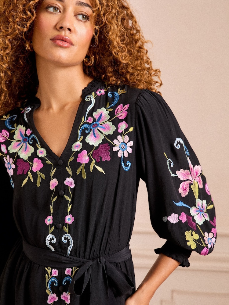 Love & Roses Black Petite Floral Embroidered Belted Mini Dress - Image 2 of 4 Love & Roses Black Petite Floral Embroidered Belted Mini Dress - Image 2 of 4
