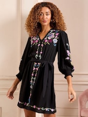 Love & Roses Black Petite Floral Embroidered Belted Mini Dress - Image 3 of 4