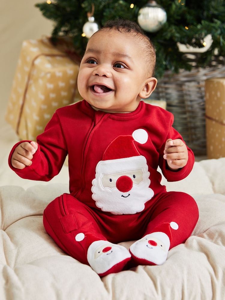 Papá Noel rojo - JoJo Maman Bébé Cotton Christmas Zip Appliqué Sleepsuit - Imagen 1 de 6