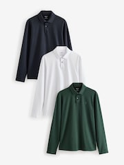 Blue/green/ecru Slim Fit Long Sleeve Jersey Polo Shirts 3 Pack - Image 1 of 12
