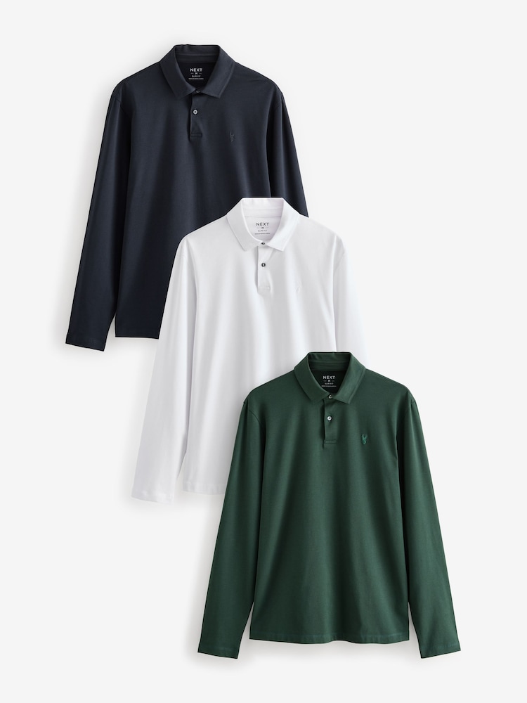 Blue/green/ecru Slim Fit Long Sleeve Jersey Polo Shirts 3 Pack - Image 1 of 12