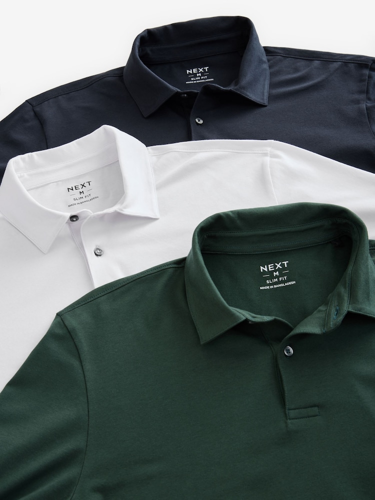 Blue/green/ecru Slim Fit Long Sleeve Jersey Polo Shirts 3 Pack - Image 12 of 12