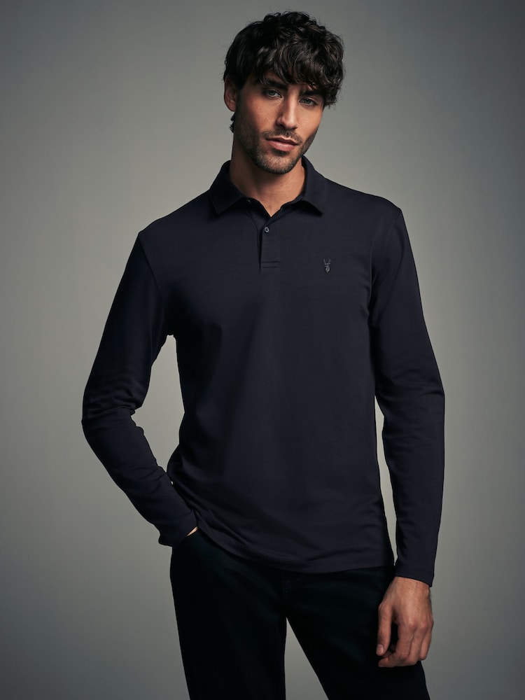 Blue/green/ecru Slim Fit Long Sleeve Jersey Polo Shirts 3 Pack - Image 7 of 12